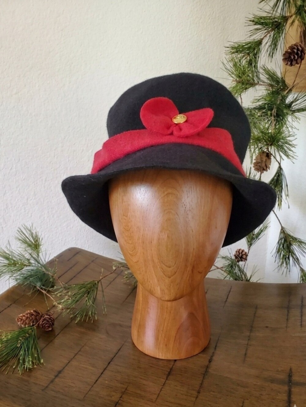 OOAK 1920s Flapper Style Black Felt Winter Hat Handmade US Army Button